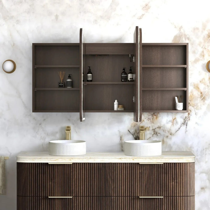 900-1500*750mm Otti LED Newport Sable Walnut Rectangle Curved Moisture Resistant Plywood Shaving Cabinet