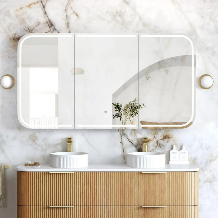 900-1500*750mm Otti LED Newport Woodland Oak Rectangle Curved Moisture Resistant Plywood Shaving Cabinet