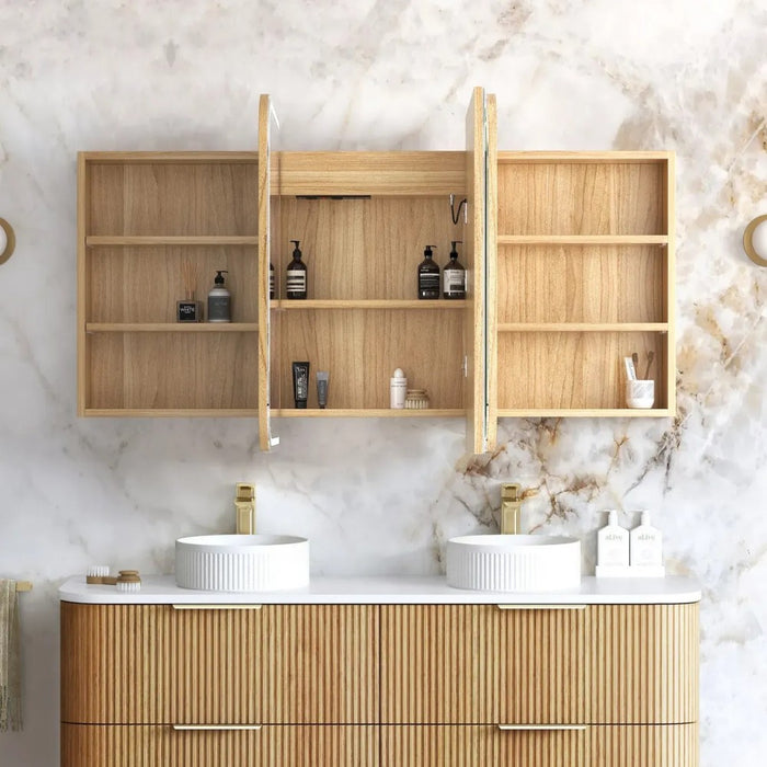 900-1500*750mm Otti LED Newport Woodland Oak Rectangle Curved Moisture Resistant Plywood Shaving Cabinet