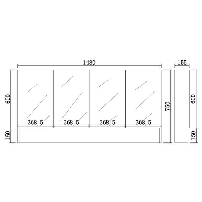 600-1500*750*155mm Poseidon Stella Oak Moisture Resistant Plywood Glass Rectangle Shaving Cabinet