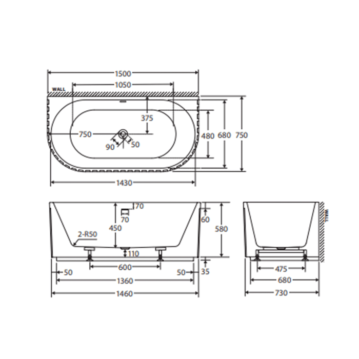1500/1700mm FIE Eleanor Gloss White Oval Fluted Acrylic Back To Wall Bathtub