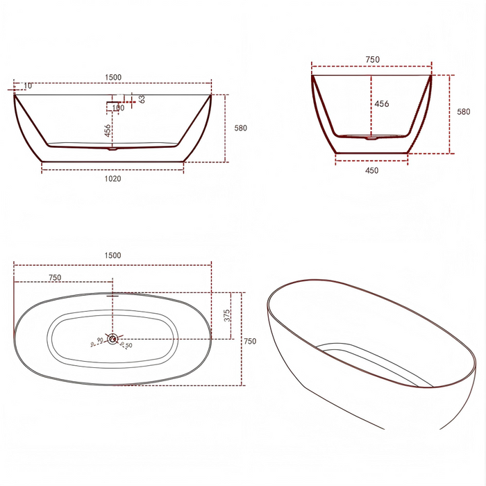 FS12 1500/1700mm White Oval Acrylic Freestanding Bathtub
