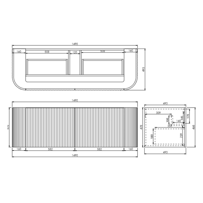 600-1800*500*470mm Poseidon Avalon Matt Black PVC Fluted Wall Hung Bathroom Vanity
