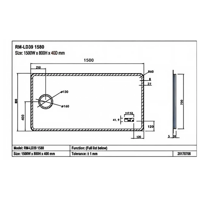 900-1500*800*40mm Sima Frameless Glass Copper-free Rectangle with Clock & Temperature LED Mirror