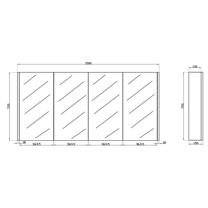 600-1500*720*150mm Poseidon Qubist Wood Grain White Oak MDF Rectangle Shaving Cabinet