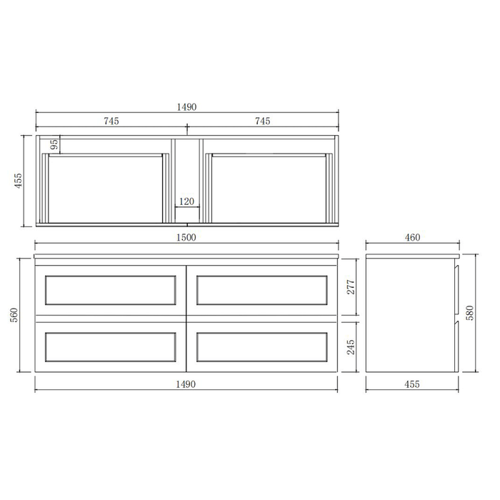 600-1500*460*560mm Poseidon PVC Matt Black Bathroom Wall Hung Vanity