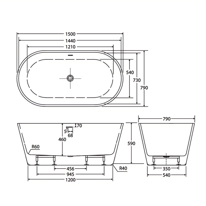 1500-1700mm FIE Austin Gloss White Oval Acrylic Freestanding Bathtub With Overflow