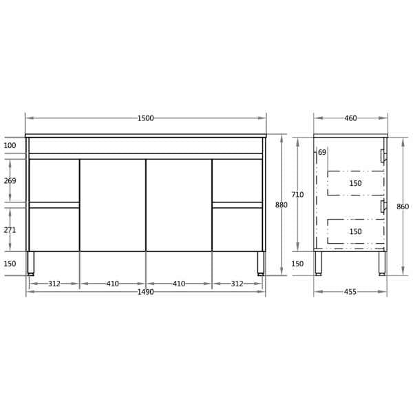 900-1800*460mm Bathroom Vanity Standard PVC Gloss White Freestanding With Kickboard Vanity