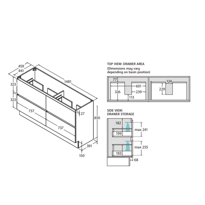600-1800*400*850mm All drawer Floor Standing Vanity