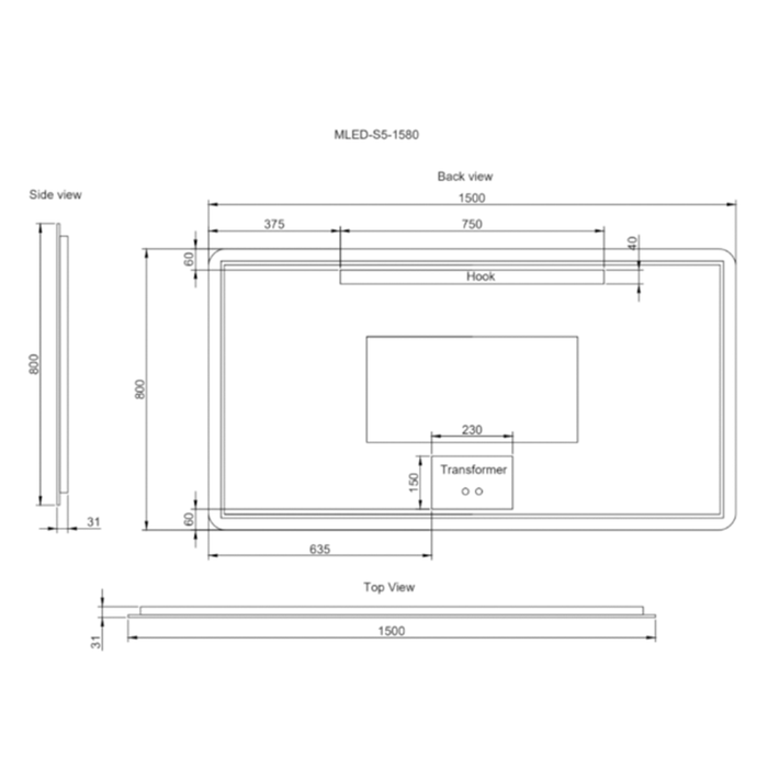 500-1500*30mm ABS S5 Three Color Lights Backlit Rectangle Square With Defogging Function Easy Hook LED Mirror