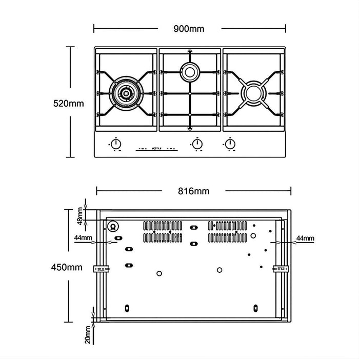 896*515*(640-960)mm Fotile Black 23MJ/h Tempered Glass Cooktop