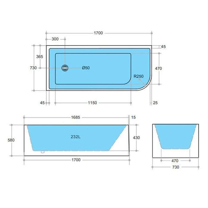 1300-1700*730*580mm Poseidon CBT Matt White Rectangle Acrylic Back To Wall Corner Back Bathtub