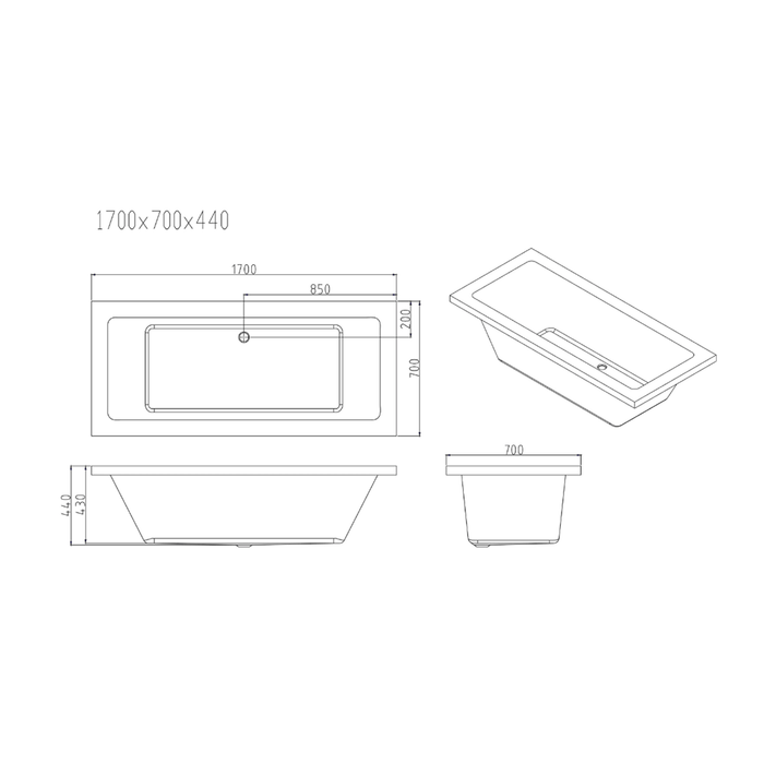 1700/1500*700*440/430mm MER Mira Gloss White Acrylic Rectangle Drop In Baths