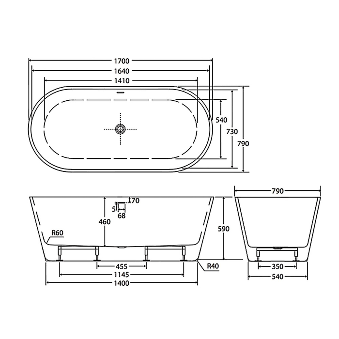 1500-1700mm FIE Austin Gloss White Oval Acrylic Freestanding Bathtub With Overflow