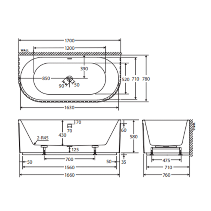 1500/1700mm FIE Eleanor Gloss White Oval Fluted Acrylic Back To Wall Bathtub