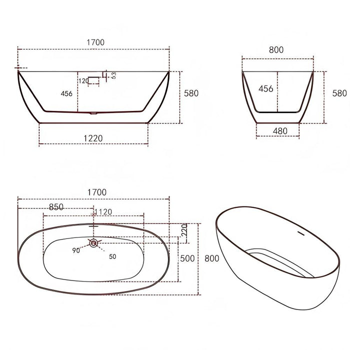 FS12 1500/1700mm White Oval Acrylic Freestanding Bathtub