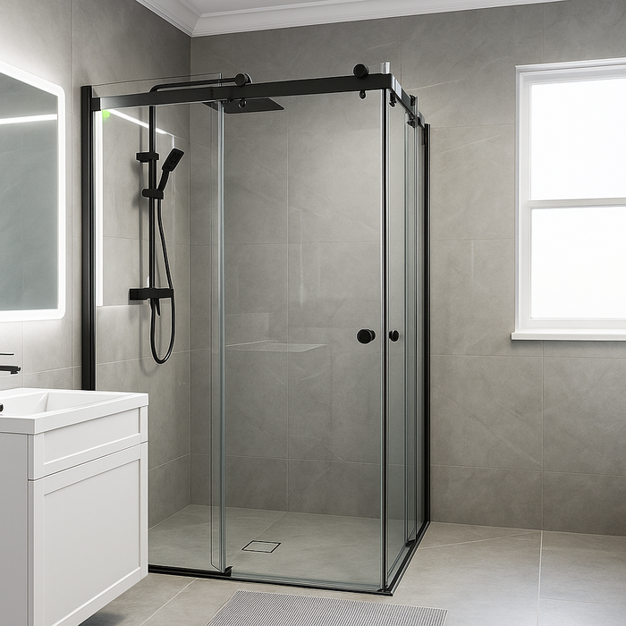 900-1800*2000mm SUN 8mm Glass Double Sliding L Shape Frameless Black Fittings Shower Screens
