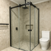 900-1800*2000mm SUN 8mm Glass Double Sliding L Shape Frameless Black Fittings Shower Screens