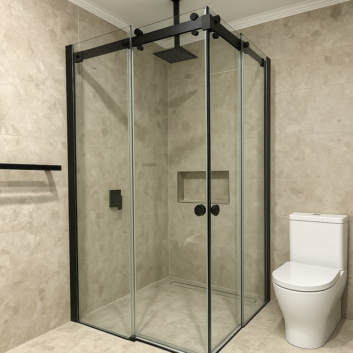 900-1800*2000mm SUN 8mm Glass Double Sliding L Shape Frameless Black Fittings Shower Screens