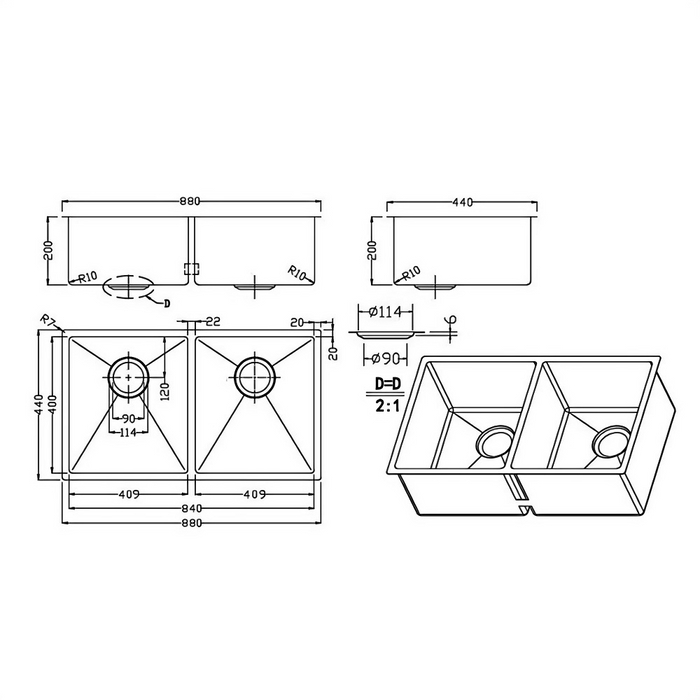 880*440*200mm 304 Stainless Steel Square Double Bowl Kitchen Sink