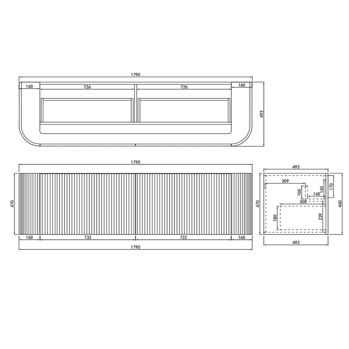 600-1800*500*470mm Poseidon Avalon Matt Black PVC Fluted Wall Hung Bathroom Vanity
