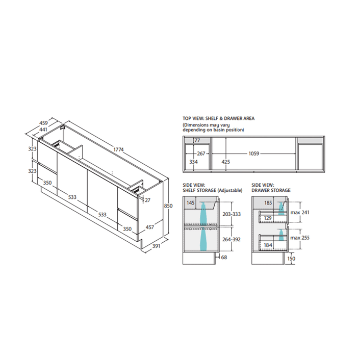 600-1800*400*850mm Door & Drawer Floor Standing Vanity