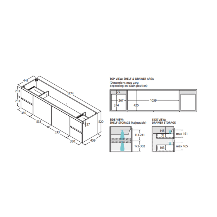 600-1800*460*520mm Door & Drawer Wall Hung Vanity