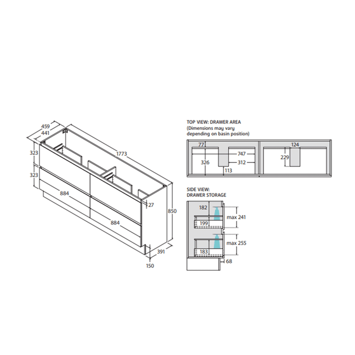 600-1800*400*850mm All drawer Floor Standing Vanity