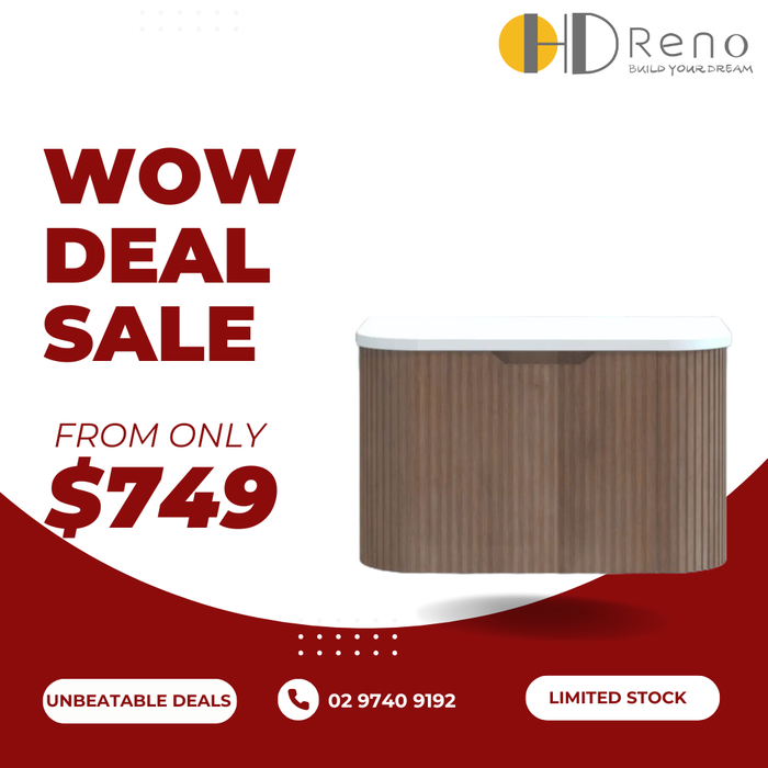 750-1500*450mm ABS Bergen Solid Timber Curved Edge Fluted Wall Hung Cabinet Vanity Materials MDF Board PVC Coating