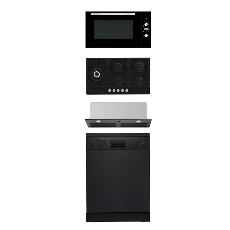 900mm Dilusso Black Oven + Gas Cooktop + Concealed Rangehood + Dishwasher Kitchen Appliance Package
