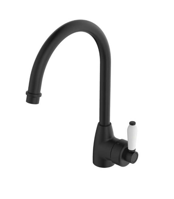 Fienza Eleanor Mordern Vintage Matt Black Solid Brass With Ceramic Handle Gooseneck Sink Mixer