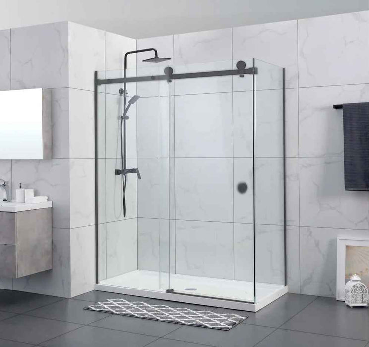 870-1180x2000mm Sliding L Shape Frameless Gunmetal Grey 10mm Glass Embedded Circle Handle Shower Screens