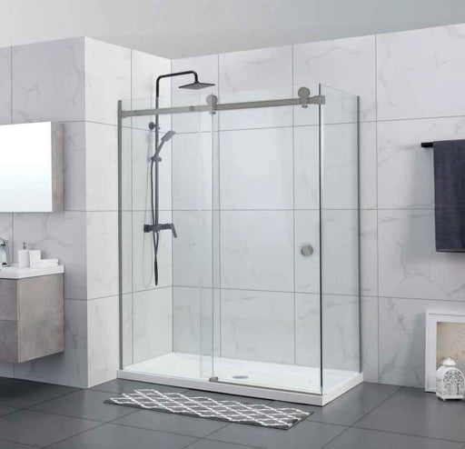 870-1180x2000mm Sliding L Shape Frameless Brushed Nickel 10mm Glass Embedded Circle Handle Shower Screens