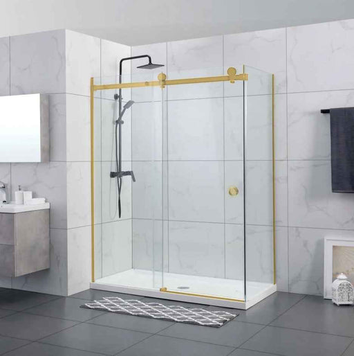 870-1180x2000mm Sliding L Shape Frameless Brushed Gold 10mm Glass Embedded Circle Handle Shower Screens
