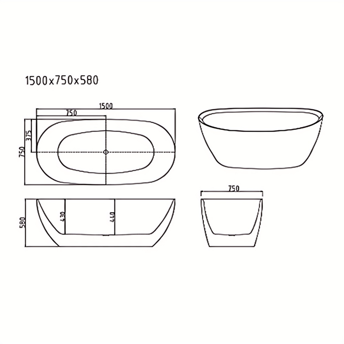 1500-1700*800*580mm Mercio Pilato Matt White/ Gloss White Oval Acrylic Freestanding Bathtub
