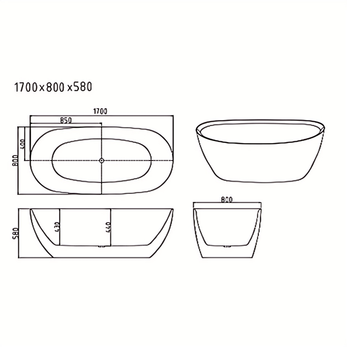 1500-1700*800*580mm Mercio Pilato Matt White/ Gloss White Oval Acrylic Freestanding Bathtub