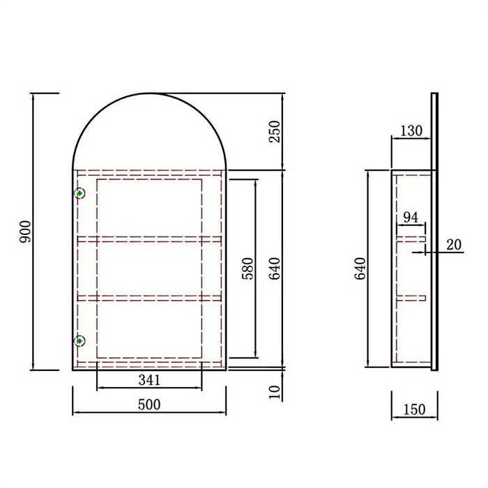 500*900*150mm Aulic Canterbury Matt White/Mia/Max/Carita Copper-free Glass Arch Shaving Cabinet