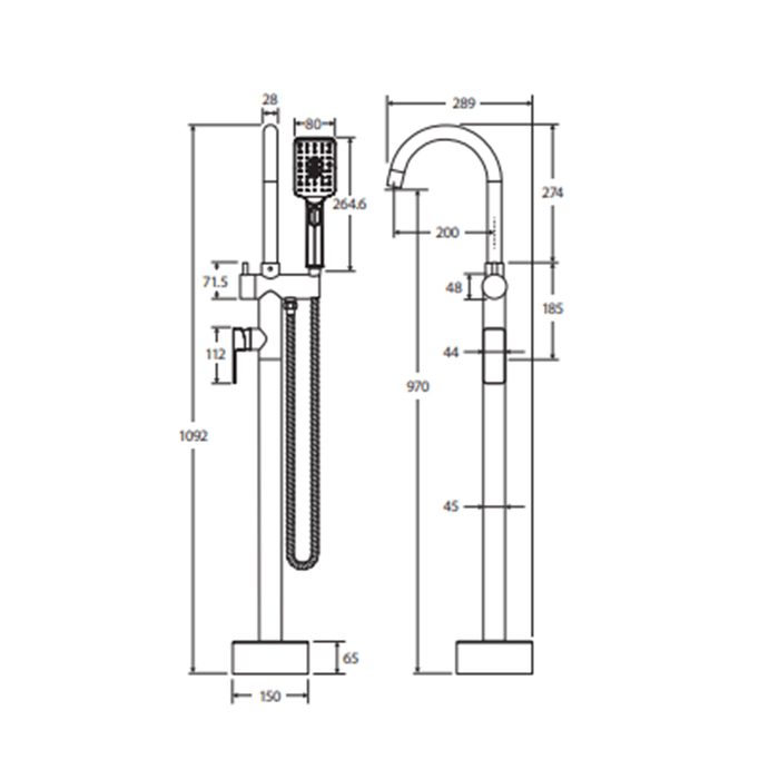 Fienza Tono Chrome Solid Brass With Square Hand Shower Swivel Floor Mounted Bath Mixer
