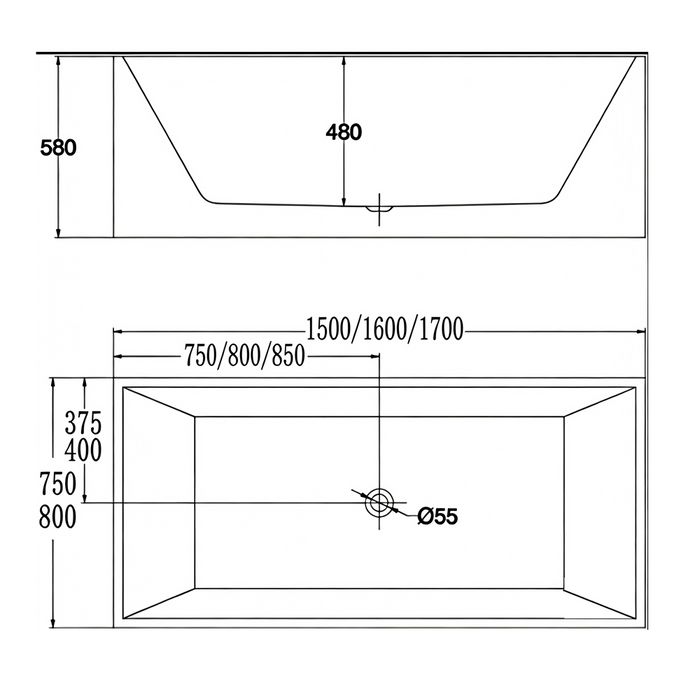 1500/1600/1700*800*600mm Sunny Black & White Rectangle Acrylic Freestanding Bathtub