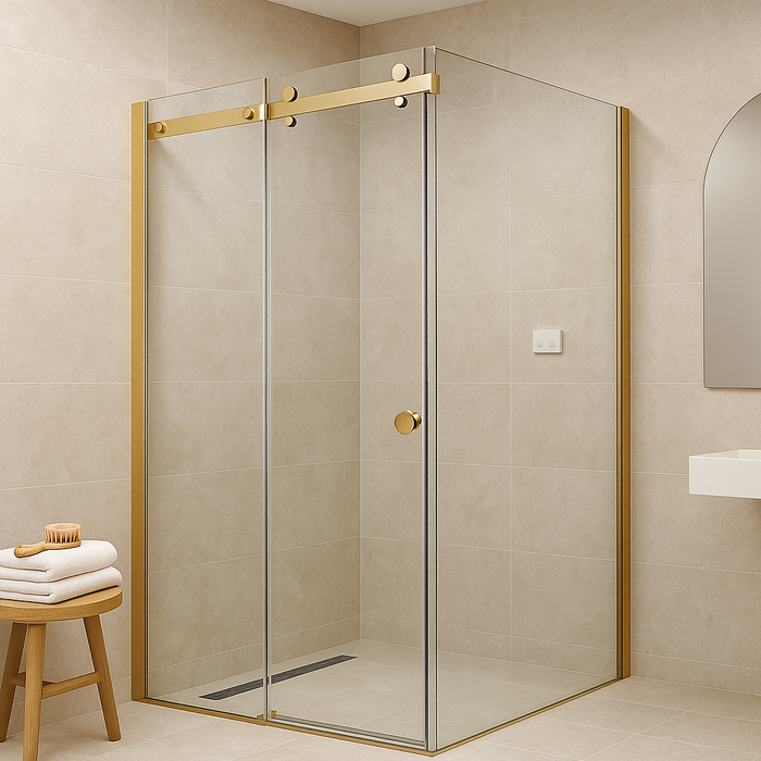 900-1800*2000mm SUN 8mm Glass Sliding Door L Shape Frameless Brushed Gold Fittings Shower Screens