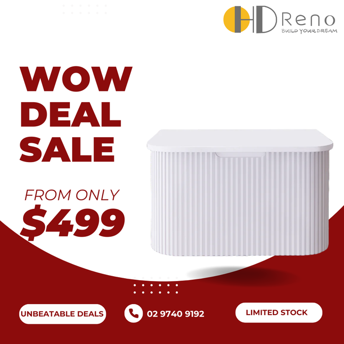 750-1500*450mm ABS Bergen Matt White Curved Edge Fluted Wall Cabinet Hung Vanity MDF Board PVC Coating