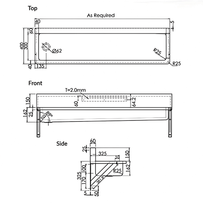 900-3000mm 3monkeez Wall Mounted PWD Trough With Boxed Splashback
