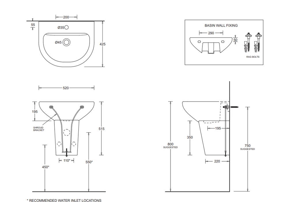 520*425*195mm Como Ceramic 1 Taphole Wall Basin With Waste