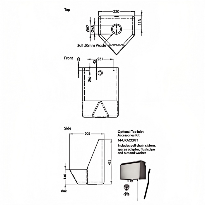 305*140*425mm 3monkeez Stainless Steel 50mm Outlet Urinal