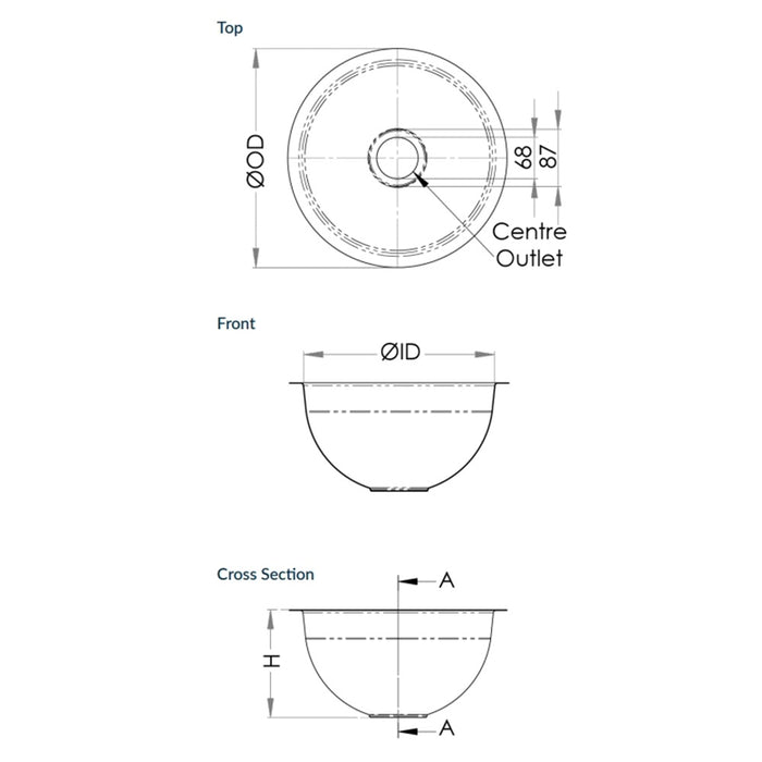 304 Grade Stainless Steel Round Pressed Sink Bowl (300x165) 50mm Centre Outlet
