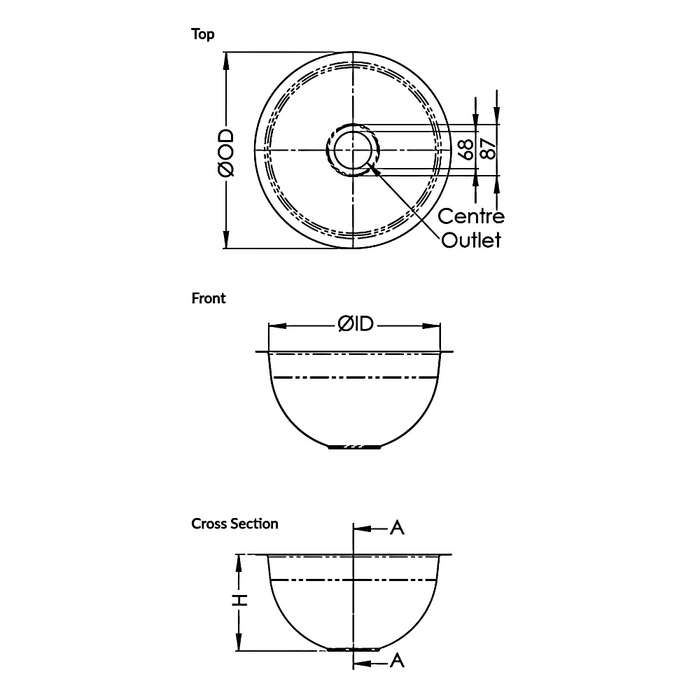 304 Grade Stainless Steel Round Pressed Sink Bowl (385 x 135) 50mm Centre Outlet