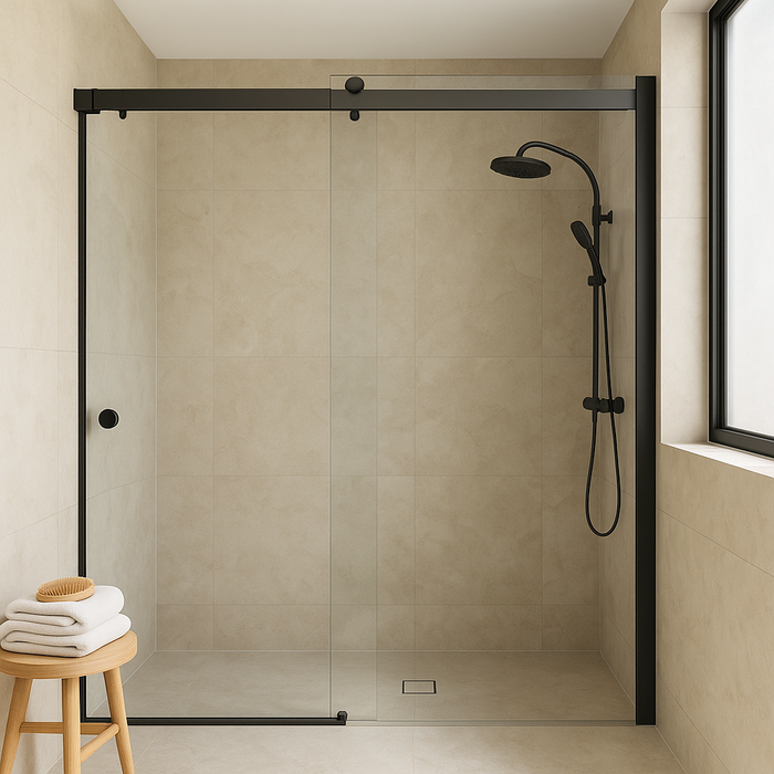 900-1800*2000mm SUN 8mm Glass Sliding Wall To Wall Frameless Black Fittings Shower Screens