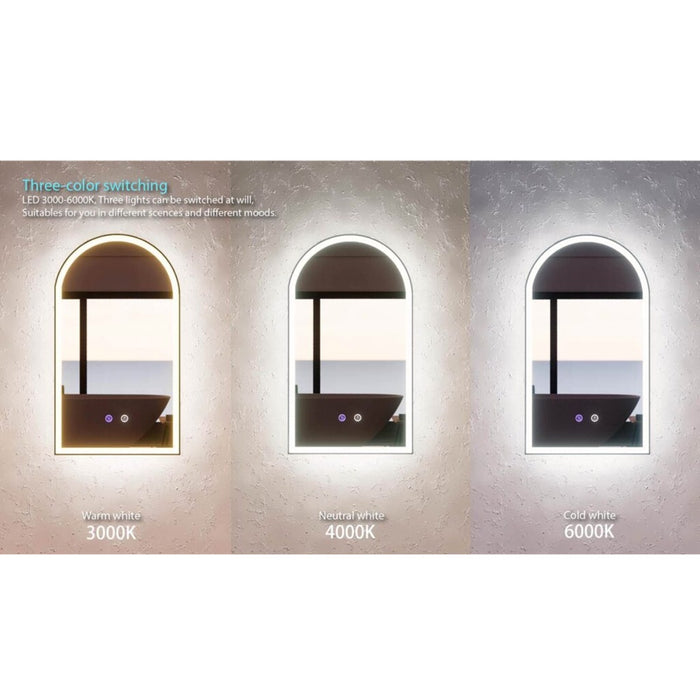 800*450/900*600mm AR1 Arch Frameless Three Color Lights Backlit  LED Bathroom Mirror