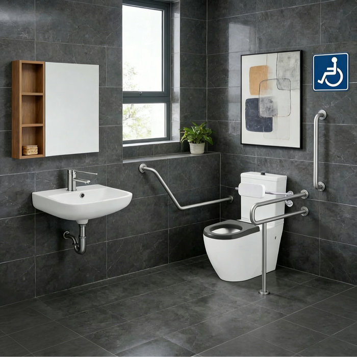 Enhanced Accessible Care Bathroom Package - Care Toilet, Basin with Mixer, Full Support Rail System & Backrest