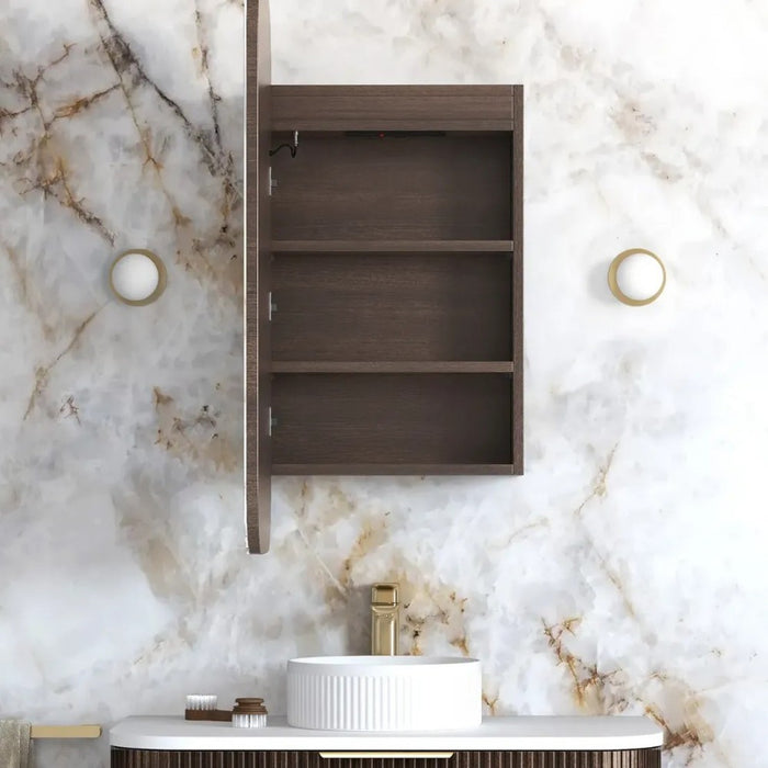 900-1500*750mm Otti LED Newport Sable Walnut Rectangle Curved Moisture Resistant Plywood Shaving Cabinet